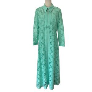 Vtg 70s Green Lace Coat And Maxi Dress Set Empire Waist Sz‎ L  Boho Disco Floral